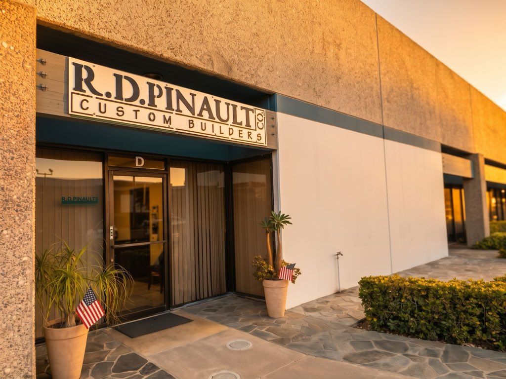 R.D. Pinault Co. Custom Builders office entrance in Anaheim at sunset